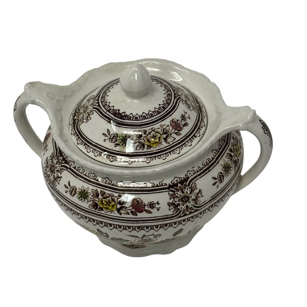 Wood & Sons Dorset Sugar Bowl with Lid England Vintage Brown Floral Ironstone